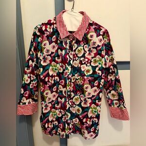 Beau Chemise Floral Button-Up Shirt with Gingham Trim